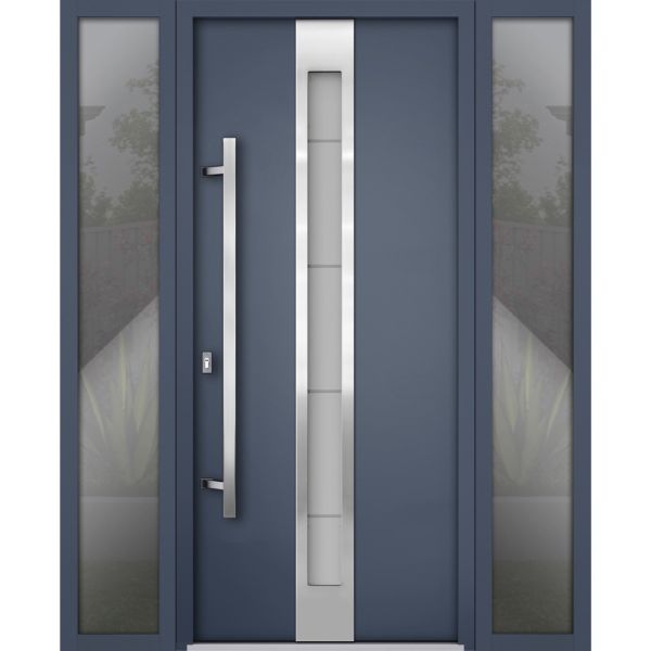 Front Exterior Prehung Steel Door / Deux 1717 Gray Graphite / Stainless Inserts Single Modern Painted-W64" x H80"-Right-hand Inswing