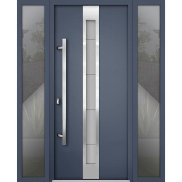 Front Exterior Prehung Steel Door / Deux 1717 Gray Graphite / Stainless Inserts Single Modern Painted-W68" x H80"-Right-hand Outswing