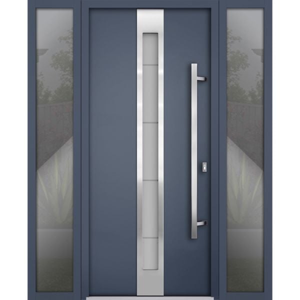 Front Exterior Prehung Steel Door / Deux 1717 Gray Graphite / 2 Sidelight Exterior Windows / Stainless Inserts Single Modern Painted-W16+36+16" x H80"-Left-hand Inswing