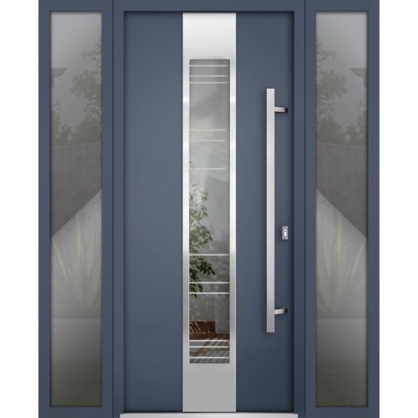 Front Exterior Prehung Steel Door / Deux 5755 Gray Graphite / 2 Sidelight Exterior Windows / Stainless Inserts Single Modern Painted-W14+36+14" x H80"-Left-hand Inswing