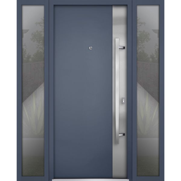 Front Exterior Prehung Steel Door / Deux 0729 Gray Graphite / 2 Sidelight Exterior Windows / Stainless Inserts Single Modern Painted-W16+36+16" x H80"-Left-hand Inswing