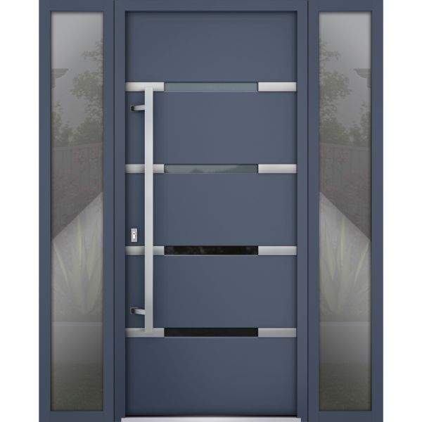 Front Exterior Prehung Steel Door / Deux 1105 Gray Graphite / 2 Sidelight Exterior Windows / Stainless Inserts Single Modern Painted-W14+36+14" x H80"-Right-hand Inswing