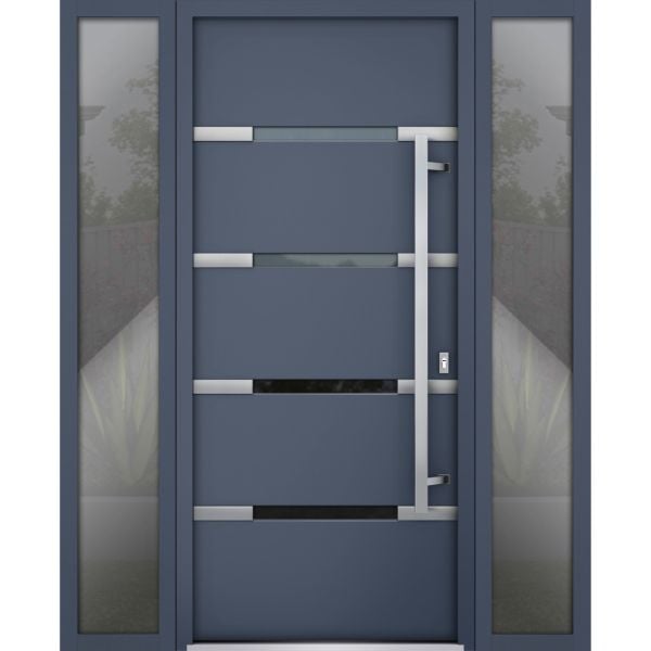 Front Exterior Prehung Steel Door / Deux 1105 Gray Graphite / 2 Sidelight Exterior Windows / Stainless Inserts Single Modern Painted-W14+36+14" x H80"-Left-hand Inswing