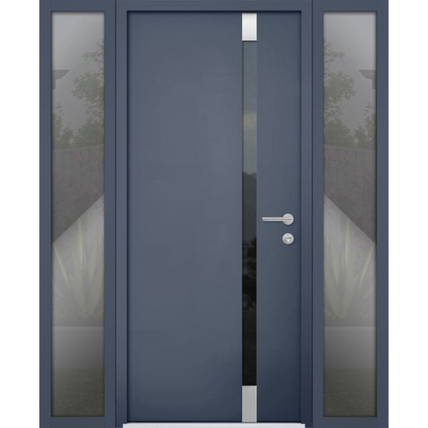Front Exterior Prehung Steel Door / Cynex 6777 Grey / 2 Sidelight Exterior Windows / Stainless Inserts Single Modern Painted-W16+36+16" x H80"-Left-hand Inswing
