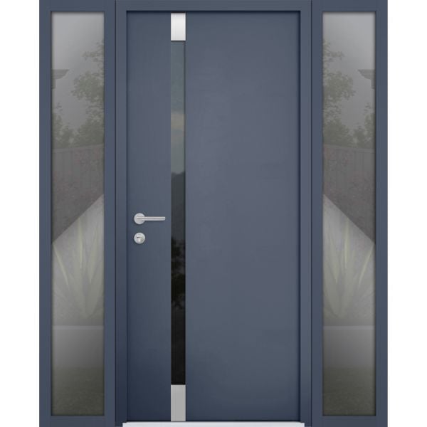 Front Exterior Prehung Steel Door / Cynex 6777 Grey / 2 Sidelight Exterior Windows / Stainless Inserts Single Modern Painted-W16+36+16" x H80"-Right-hand Inswing