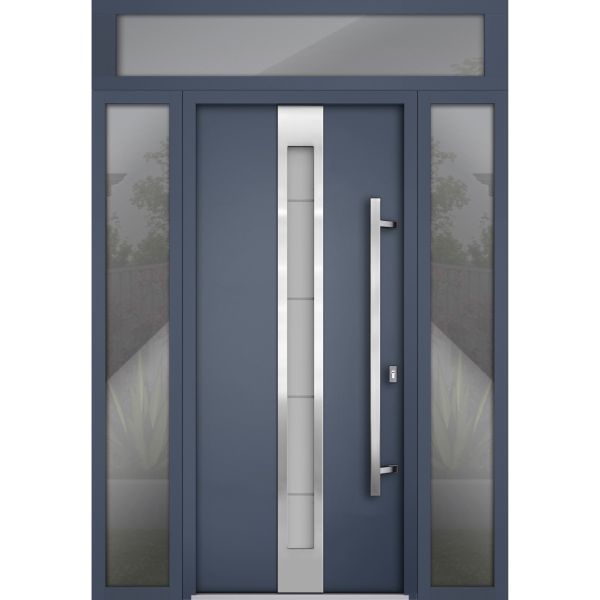 Front Exterior Prehung Steel Door / Deux 1717 Gray Graphite / 2 Sidelight and Transom Window / Stainless Inserts Single Modern Painted-W12+36+12" x H80+16"-Left-hand Inswing