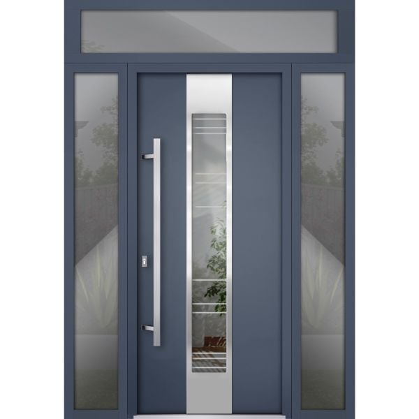 Front Exterior Prehung Steel Door / Deux 5755 Gray Graphite / 2 Side and Top Exterior Window / Stainless Inserts Single Modern Painted-W12+36+12" x H80+16"-Right-hand Inswing