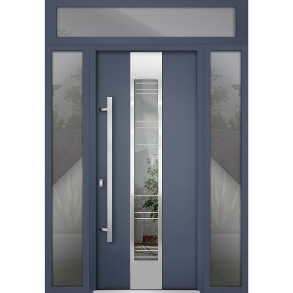 Front Exterior Prehung Steel Door / Deux 5755 Gray Graphite / 2 Sidelight and Transom Window / Stainless Inserts Single Modern Painted-W14+36+14" x H80+16"-Right-hand Inswing