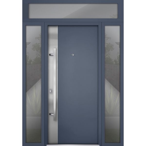 Front Exterior Prehung Steel Door / Deux 0729 Gray Graphite / 2 Sidelight and Transom Window / Stainless Inserts Single Modern Painted-W16+36+16" x H80+16"-Right-hand Inswing