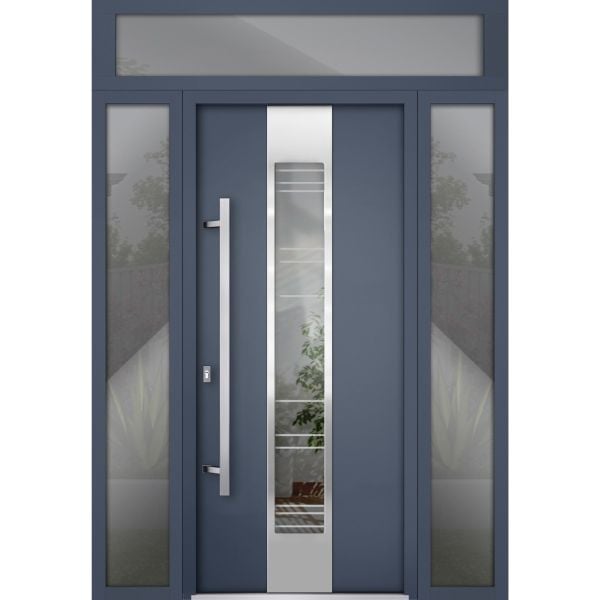 Front Exterior Prehung Steel Door / Deux 5755 Gray Graphite / 2 Sidelight and Transom Window / Stainless Inserts Single Modern Painted-W16+36+16" x H80+16"-Right-hand Inswing