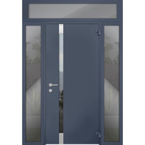 Front Exterior Prehung Steel Door / Cynex 6777 Grey / 2 Sidelight and Transom Window / Stainless Inserts Single Modern Painted-W14+36+14" x H80+16"-Right-hand Outswing