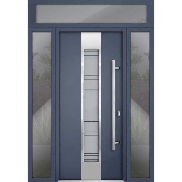 Front Exterior Prehung Steel Door / Deux 0757 Gray Graphite / 2 Sidelight and Transom Window / Stainless Inserts Single Modern Painted-W12+36+12" x H80+16"-Left-hand Inswing