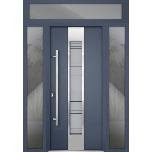 Front Exterior Prehung Steel Door / Deux 0757 Gray Graphite / 2 Sidelight and Transom Window / Stainless Inserts Single Modern Painted-W16+36+16" x H80+16"-Right-hand Inswing