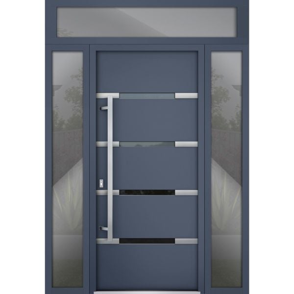 Front Exterior Prehung Steel Door / Deux 1105 Gray Graphite / 2 Sidelight and Transom Window / Stainless Inserts Single Modern Painted-W16+36+16" x H80+16"-Right-hand Inswing