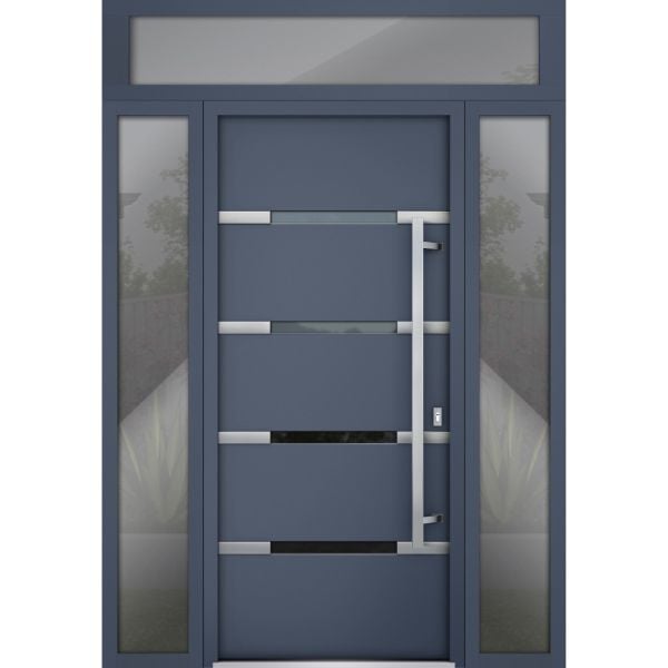 Front Exterior Prehung Steel Door / Deux 1105 Gray Graphite / 2 Sidelight and Transom Window / Stainless Inserts Single Modern Painted-W16+36+16" x H80+16"-Left-hand Inswing