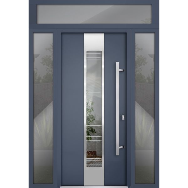 Front Exterior Prehung Steel Door / Deux 5755 Gray Graphite / 2 Sidelight and Transom Window / Stainless Inserts Single Modern Painted-W12+36+12" x H80+16"-Left-hand Inswing