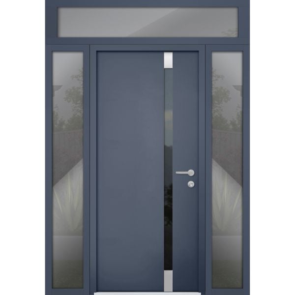 Front Exterior Prehung Steel Door / Cynex 6777 Grey / 2 Sidelight and Transom Window / Stainless Inserts Single Modern Painted-W16+36+16" x H80+16"-Left-hand Inswing