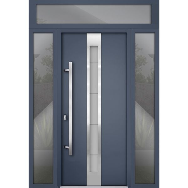 Front Exterior Prehung Steel Door / Deux 1717 Gray Graphite / Stainless Inserts Single Modern Painted-W68" x H96"-Right-hand Inswing