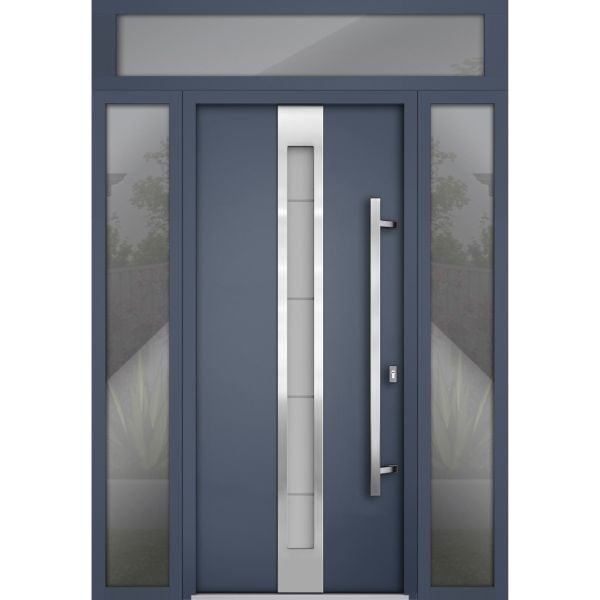 Front Exterior Prehung Steel Door / Deux 1717 Gray Graphite / 2 Sidelight and Transom Window / Stainless Inserts Single Modern Painted-W16+36+16" x H80+16"-Left-hand Inswing