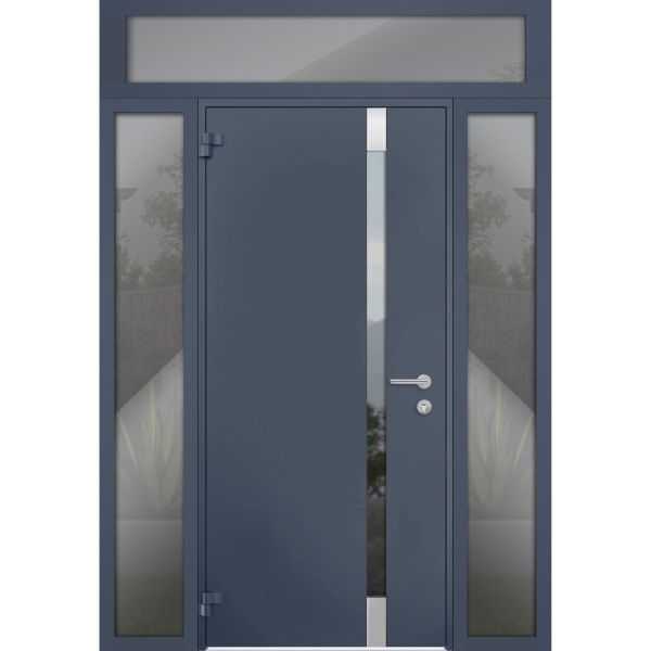 Front Exterior Prehung Steel Door / Cynex 6777 Grey / 2 Sidelight and Transom Window / Stainless Inserts Single Modern Painted-W12+36+12" x H80+16"-Left-hand Outswing