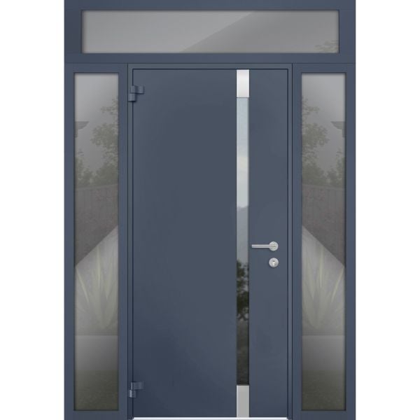 Front Exterior Prehung Steel Door / Cynex 6777 Grey / 2 Sidelight and Transom Window / Stainless Inserts Single Modern Painted-W16+36+16" x H80+16"-Left-hand Outswing