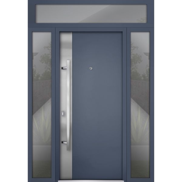 Front Exterior Prehung Steel Door / Deux 0729 Gray Graphite / 2 Sidelight and Transom Window / Stainless Inserts Single Modern Painted-W14+36+14" x H80+16"-Right-hand Inswing