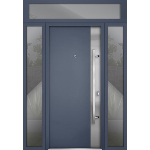 Front Exterior Prehung Steel Door / Deux 0729 Gray Graphite / 2 Sidelight and Transom Window / Stainless Inserts Single Modern Painted-W16+36+16" x H80+16"-Left-hand Inswing