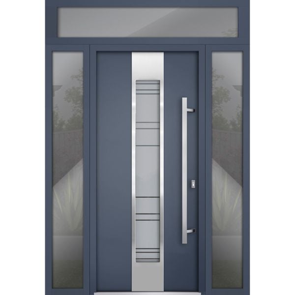 Front Exterior Prehung Steel Door / Deux 0757 Gray Graphite / 2 Sidelight and Transom Window / Stainless Inserts Single Modern Painted-W16+36+16" x H80+16"-Left-hand Inswing