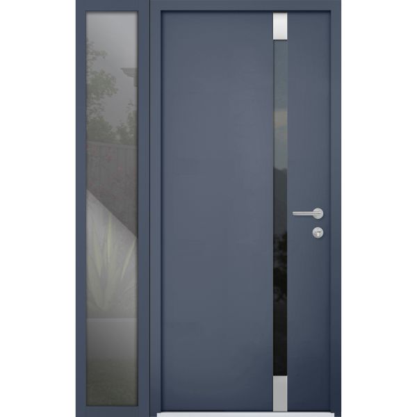 Front Exterior Prehung Steel Door / Cynex 6777 Grey / Sidelight Exterior Window / Stainless Inserts Single Modern Painted-W36+16" x H80"-Left-hand Inswing