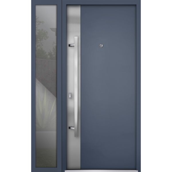 Front Exterior Prehung Steel Door / Deux 0729 Gray Graphite / Sidelight Exterior Window / Stainless Inserts Single Modern Painted-W36+14" x H80"-Right-hand Inswing