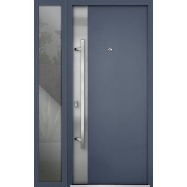 Front Exterior Prehung Steel Door / Deux 0729 Gray Graphite / Sidelight Exterior Window / Stainless Inserts Single Modern Painted-W36+16" x H80"-Right-hand Inswing