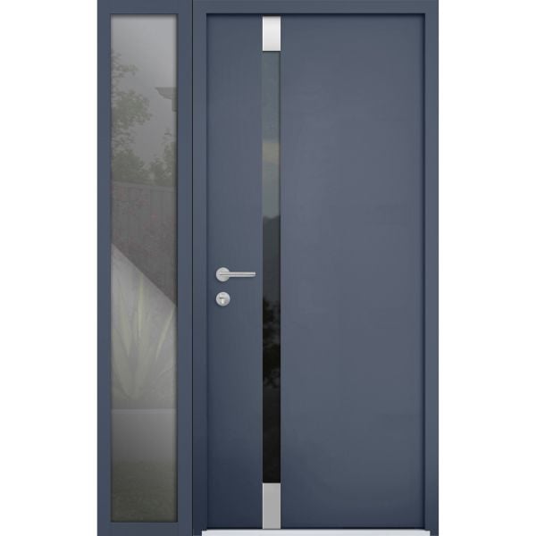 Front Exterior Prehung Steel Door / Cynex 6777 Grey / Sidelight Exterior Window / Stainless Inserts Single Modern Painted-W36+16" x H80"-Right-hand Inswing