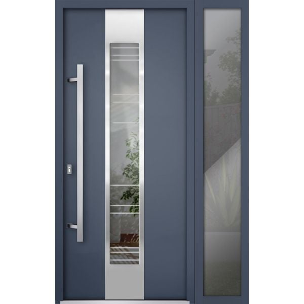 Front Exterior Prehung Steel Door / Deux 5755 Gray Graphite / Sidelight Exterior Window / Stainless Inserts Single Modern Painted-W36+16" x H80"-Right-hand Inswing