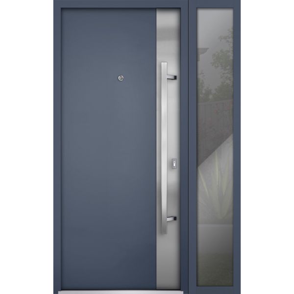 Front Exterior Prehung Steel Door / Deux 0729 Gray Graphite / Sidelight Exterior Window / Stainless Inserts Single Modern Painted-W36+14" x H80"-Left-hand Inswing