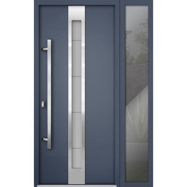 Front Exterior Prehung Steel Door / Deux 1717 Gray Graphite / Stainless Inserts Single Modern Painted-W48" x H80"-Right-hand Inswing