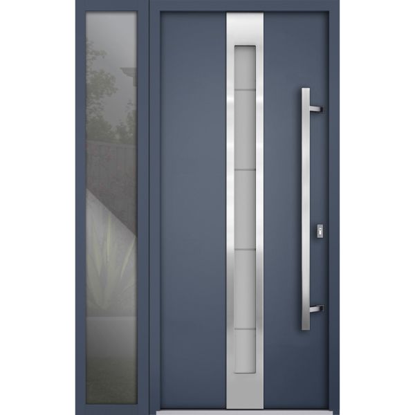 Front Exterior Prehung Steel Door / Deux 1717 Gray Graphite / Sidelight Exterior Window / Stainless Inserts Single Modern Painted-W36+12" x H80"-Left-hand Inswing