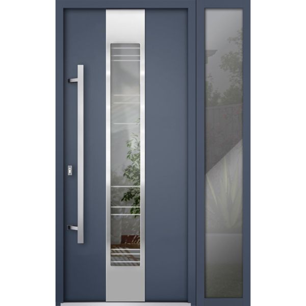 Front Exterior Prehung Steel Door / Deux 5755 Gray Graphite / Sidelight Exterior Window / Stainless Inserts Single Modern Painted-W36+14" x H80"-Right-hand Inswing