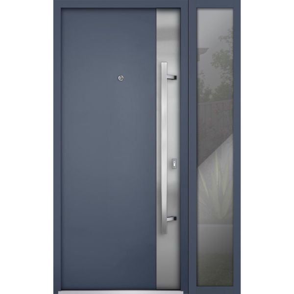 Front Exterior Prehung Steel Door / Deux 0729 Gray Graphite / Sidelight Exterior Window / Stainless Inserts Single Modern Painted-W36+16" x H80"-Left-hand Inswing