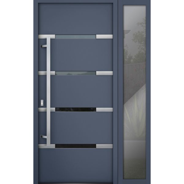 Front Exterior Prehung Steel Door / Deux 1105 Gray Graphite / Sidelight Exterior Window / Stainless Inserts Single Modern Painted-W36+14" x H80"-Right-hand Outswing