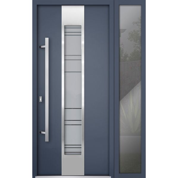 Front Exterior Prehung Steel Door / Deux 0757 Gray Graphite / Sidelight Exterior Window / Stainless Inserts Single Modern Painted-W36+16" x H80"-Right-hand Inswing