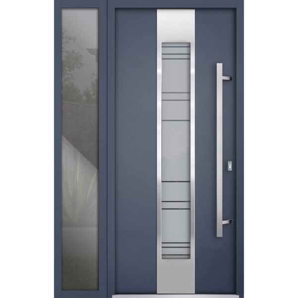 Front Exterior Prehung Steel Door / Deux 0757 Gray Graphite / Sidelight Exterior Window / Stainless Inserts Single Modern Painted-W36+16" x H80"-Left-hand Inswing