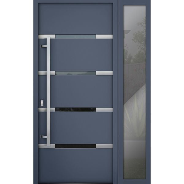 Front Exterior Prehung Steel Door / Deux 1105 Gray Graphite / Sidelight Exterior Window / Stainless Inserts Single Modern Painted-W36+16" x H80"-Right-hand Inswing