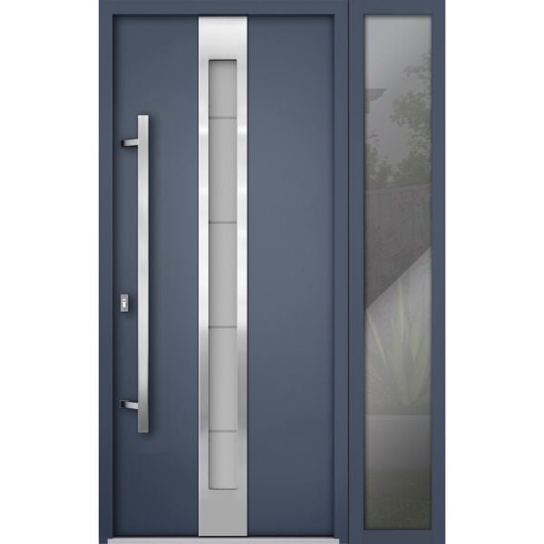 Front Exterior Prehung Steel Door / Deux 1717 Gray Graphite / Stainless Inserts Single Modern Painted-W52" x H80"-Right-hand Inswing