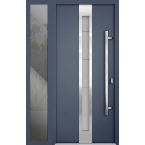 Front Exterior Prehung Steel Door / Deux 1717 Gray Graphite / Sidelight Exterior Window / Stainless Inserts Single Modern Painted-W36+16" x H80"-Left-hand Inswing