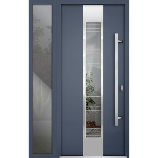 Front Exterior Prehung Steel Door / Deux 5755 Gray Graphite / Sidelight Exterior Window / Stainless Inserts Single Modern Painted-W36+16" x H80"-Left-hand Inswing