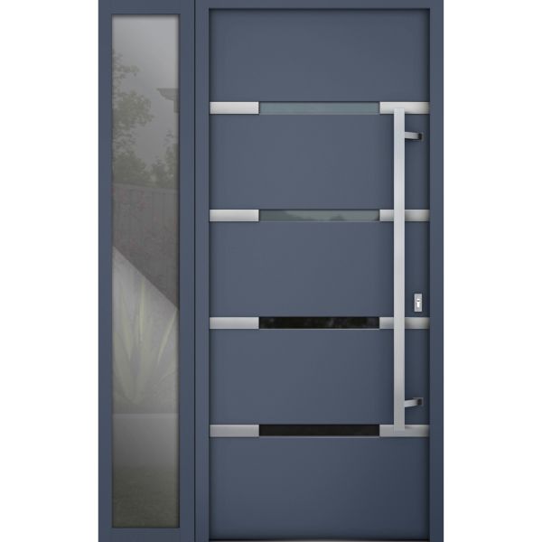 Front Exterior Prehung Steel Door / Deux 1105 Gray Graphite / Sidelight Exterior Window / Stainless Inserts Single Modern Painted-W36+12" x H80"-Left-hand Outswing