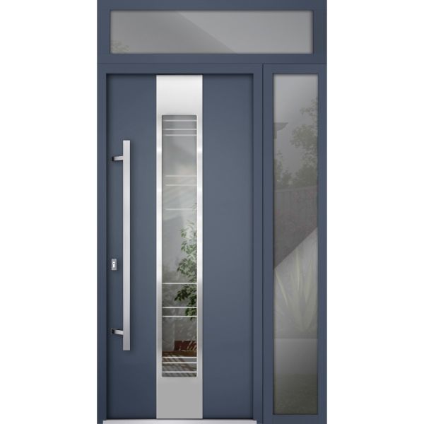 Front Exterior Prehung Steel Door / Deux 5755 Gray Graphite / Sidelight and Transom Window / Stainless Inserts Single Modern Painted-W36+14" x H80+16"-Right-hand Inswing