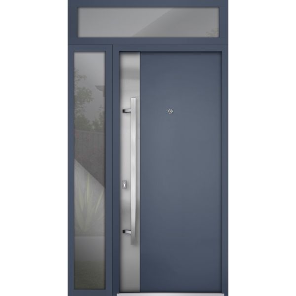 Front Exterior Prehung Steel Door / Deux 0729 Gray Graphite / Sidelight and Transom Window / Stainless Inserts Single Modern Painted-W36+16" x H80+16"-Right-hand Inswing