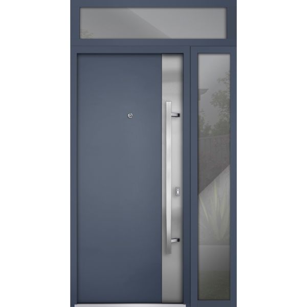 Front Exterior Prehung Steel Door / Deux 0729 Gray Graphite / Sidelight and Transom Window / Stainless Inserts Single Modern Painted-W36+16" x H80+16"-Left-hand Inswing