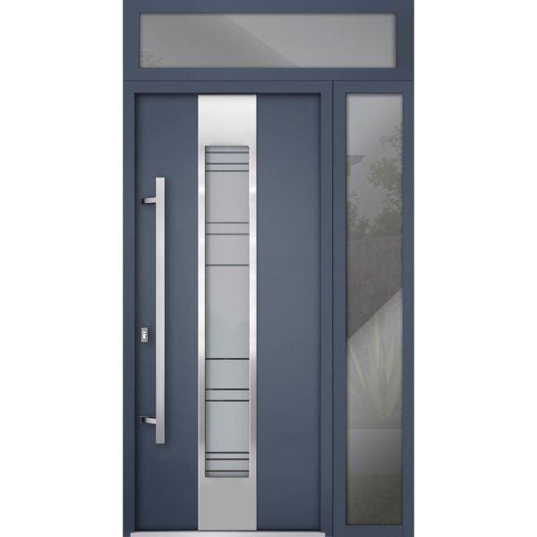 Front Exterior Prehung Steel Door / Deux 0757 Gray Graphite / Sidelight and Transom Window / Stainless Inserts Single Modern Painted-W36+16" x H80+16"-Right-hand Inswing